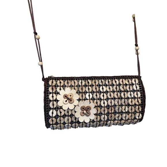 Wood Beaded Crossbody Bag Neutral Brown Tan Bohemian Coastal Vacation Purse - Picture 1 of 7